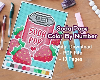 Refrescos Pixel para colorear por números: Páginas para colorear de comida kawaii (PDF)