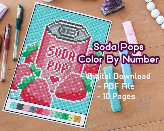 Pixel Soda Pops Color by Number: Kawaii Food Coloring Pages (PDF