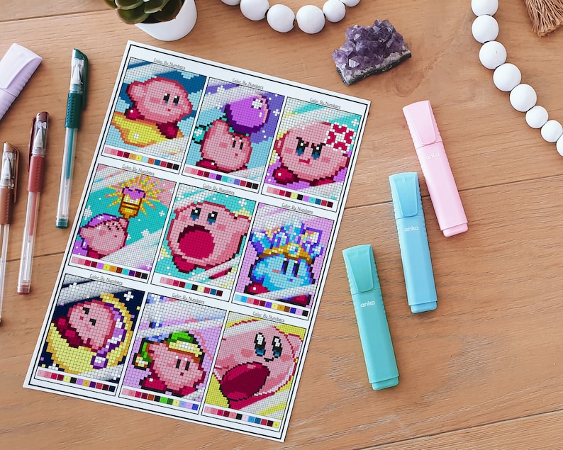 Kirby Color by Numbers Printable Gaming Cute Kawaii Gamer