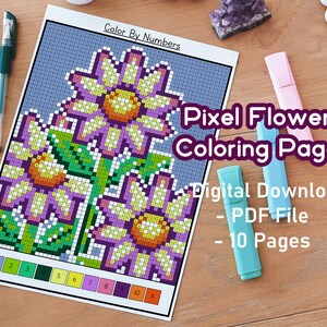 Pixel Flowers Color By Numbers Coloring Pack | Florals Coloring Pages | Print  and Color | Cute | Kawaii | Cosy | Pixel Art | Color Bundle