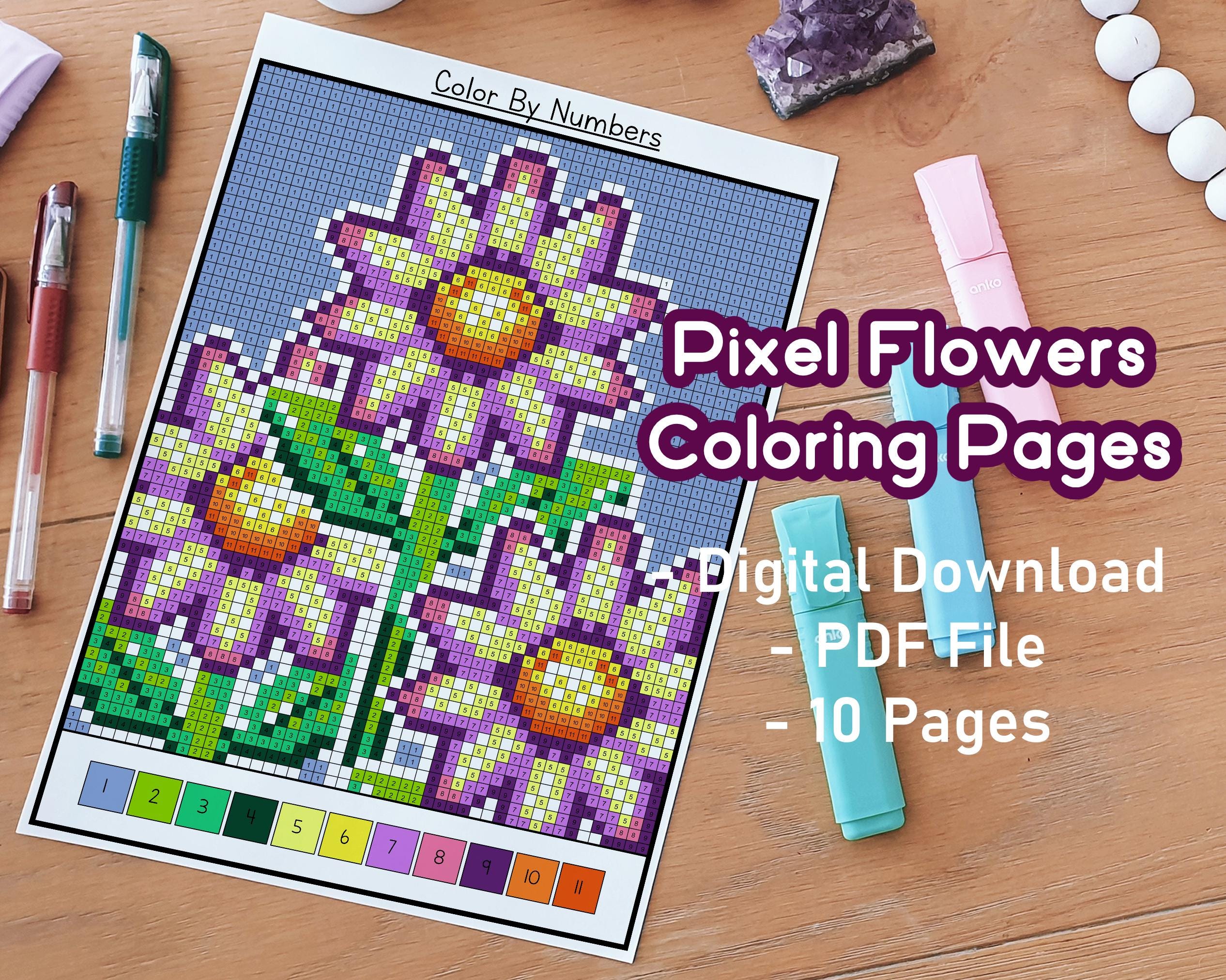 Pixel Flowers Color by Numbers Coloring Pack | Florals Coloring Pages ...