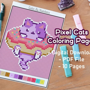 Pack de coloriage de chats pixelisés à colorier | Coloriages d'animaux de compagnie | Impression et couleur | Kawaii | Confortable | Pixel Art | Lot de couleurs d'animaux mignons