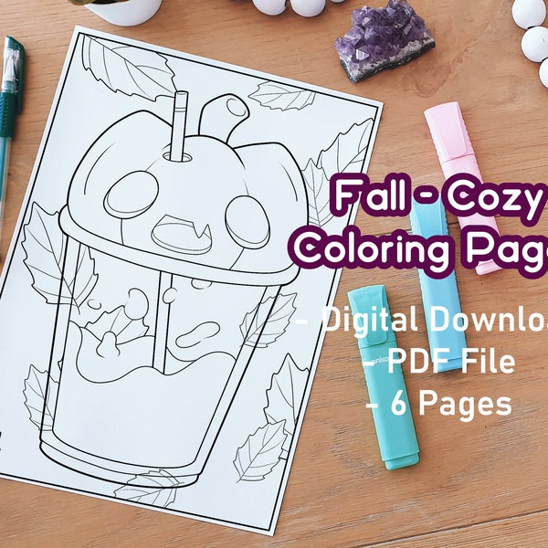 Fall Coloring Pages Pack | Set of 6 Autumn-Themed Printables | Adult Coloring Pages | Cozy | Cute | Instant Download