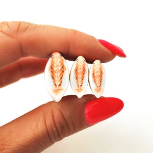 May include: Three ceramic fish charms in different sizes, with a white background and orange and brown fish designs.