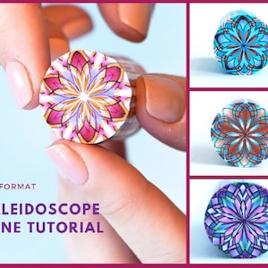 Può includere: Tre canne in argilla polimerica colorate con un design a caleidoscopio. Le canne sono rotonde e hanno uno sfondo bianco con un motivo floreale multicolore.  FORMATO PDF TUTORIAL DI CANE KALEIDOSCOPIO.