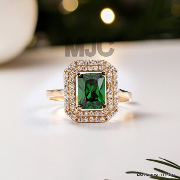 Emerald Ring+ 10k Solid Gold Ring+ Stackable Ring+ Handmade Ring+ Halo Ring+ Solitaire Ring+ Promise Ring+ Woman Ring+ Engagement Ring.