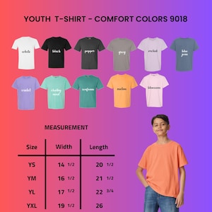 The image is a collage of various youth t-shirt designs, including different colors and styles, along with a young boy wearing an orange t-shirt. The image also includes a table with measurements for the t-shirts, indicating the size and width in inches.