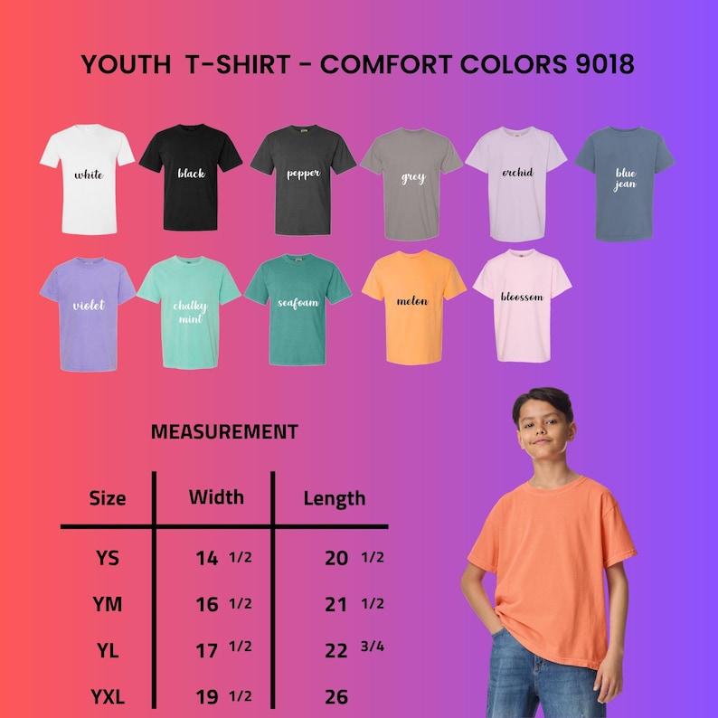 The image is a collage of various youth t-shirt designs, including different colors and styles, along with a young boy wearing an orange t-shirt. The image also includes a table with measurements for the t-shirts, indicating the size and width in inches.