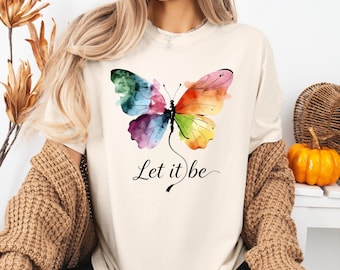 Koszulka damska Let It Be Rainbow Butterfly, koszulka z grafiką akwarelową z motywem skrzydeł, inspirująca koszulka damska, prezent dla żony
