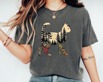 Comfort Colors Boho Cat Plants Shirt: Short & Long Sleeve, Nature Trees Wild Flowers Tees, Women Cat Lovers Tee, Christmas Mom Gift for Her