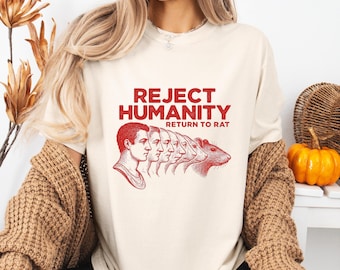 Camiseta vintage de rata "Rechaza la humanidad", camiseta con humor peculiar, regalo divertido para amantes de las ratas, camisetas con gráficos retro de rata, camisetas divertidas, camiseta sarcástica de moda.