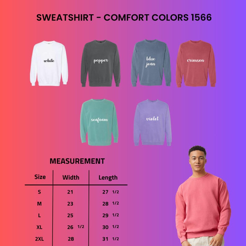 The image is a collage of various sweatshirt designs in different colors, including white, black, gray, green, blue, red, and pink. A man is standing in front of the collage, wearing a pink sweatshirt.