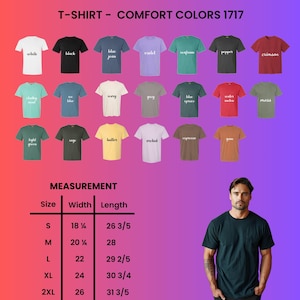 The image is a collage of various T-shirt designs in different colors, including white, black, blue, green, and red, along with a man standing in front of the collage.