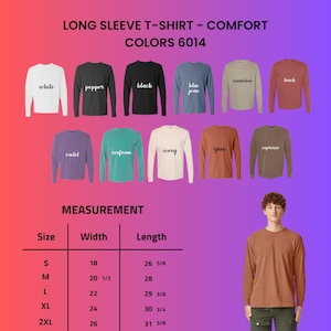 The image is a collage of various long sleeve t-shirt designs in different colors, along with a man wearing one of the shirts.