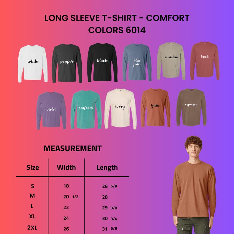The image is a collage of various long sleeve t-shirt designs in different colors, along with a man wearing one of the shirts.