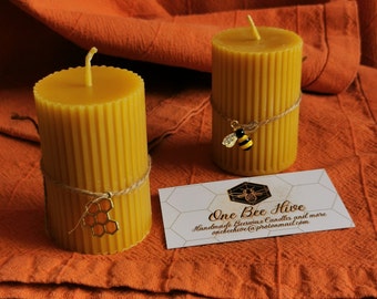 Handmade beeswax candle, 100% pure and natural beeswax, in the form of a ribbed cylinder