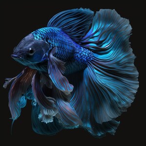 Pode incluir: Um peixe betta azul com barbatanas longas e flutuantes. O peixe nada com as barbatanas estendidas, criando um belo espetáculo de cor e movimento.