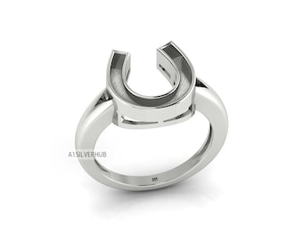 925 Sterling Solid Silver Good Lucky Horse Shoe Full Blank Bezel Ring Setting, Good for Resin & Ashes Work, Keepsake Memorial DIY Crafts