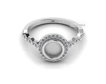 925 Sterling Solid Silver Round 6mm Blank Bezel With CZ Setted Designer Ring, Good for Gemstone, Resin & Ashes Work,Keepsake/Breastmilk DIY