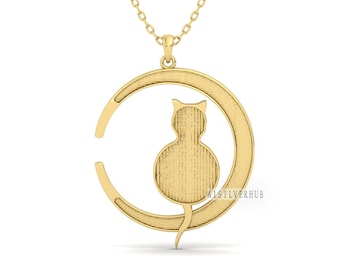 925 Sterling Silver Cat on Crescent Moon Blank Bezel Pendant Settings, Good for Resin & Ashes Work, Breastmilk/Keepsake Memorial Locket, DIY