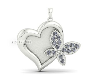 Mariposa en bisel en blanco en forma de corazón con CZ engastado, ajustes colgantes de plata de ley 925, bueno para trabajos de resina y cenizas, manualidades de bricolaje de recuerdo