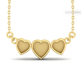 Collar con colgante de bisel en blanco con triple corazón en plata de ley 925, ideal para trabajos con resina y cenizas, recuerdos o manualidades con leche materna, cadena de 16'' + 2''