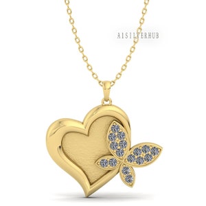 Butterfly in Heart Shape Blank Bezel with CZ Setted, 925 Sterling Silver Pendant Settings, Good for Resin & Ashes Work, Keepsake DIY Crafts