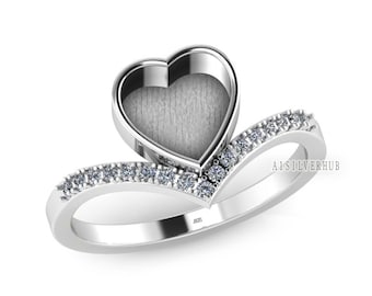 925 Sterling Solid Silver 8mm Heart Blank Bezel with CZ Setted on Band Ring , Good for Resin & Ashes Breastmilk DIY Work, Keepsake Jewelry