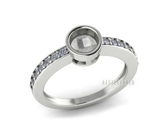 925 Sterling Solid Silver 6mm Round Blank Bezel with CZ Setted Band Ring, Good for Resin & Ashes Breastmilk DIY Work, Keepsake Jewellery