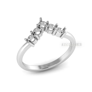925 Sterling Solid Silver 3mm Round Curve 5 Stones Blank Prong Ring Setting, Good for Zircon & Stone DIY Work, Engagement Ring, Gift For Her