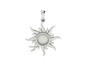 925 Sterling Silver Pendant, Auspicious Sun Round 8.5mm Blank Bezel Pendant Setting, Good for Resin & Ashes Work, Keepsake Jewelry DIY Craft