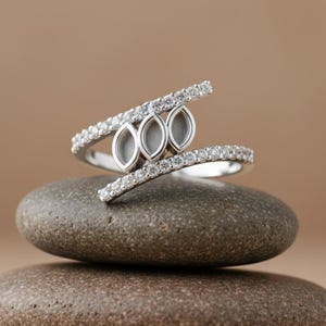 S925 Sterling Silver Three Marquise Blank Bezel Ring 2x4mm with CZ Setted Ring Settings for Resin, Ashes Breastmilk Keepsake DIY Crafts