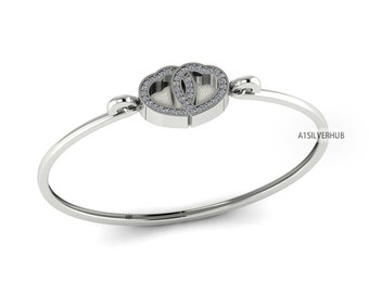 925 Sterling Solid Silver 8mm Heart CZ Setted Blank Bezel Bangle with hook clasp, Good for Resin & Ashes Work, Keepsake/Breastmilk DIY Craft