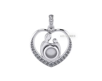 925 Sterling Silver Mother & Baby Heart 5.5mm Round Blank Bezel CZ Setted Pendant Setting, For Pour Resin, Keepsake Breastmilk, Memorial DIY