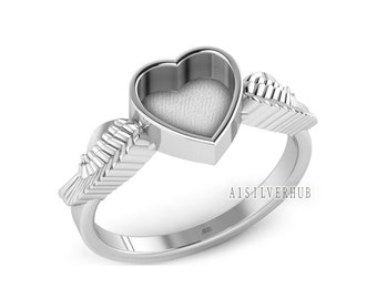 925 Sterling Solid Silver 8x8mm Heart Blank Bezel with Angel Wings Ring Setting, Good for Resin & Ashes Work, Breastmilk Keepsake DIY Crafts