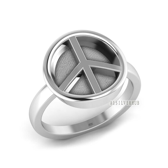 925 Sterling Silver Peace Symbol Blank Bezel Round Ring, Good for 