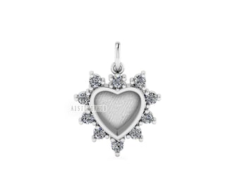 Heart Shape Blank Bezel Pendant with Zircon Setted, 925 Sterling Silver Pendant, Good for Resin & Ashes Work, Memorial Jewelry DIY Crafts