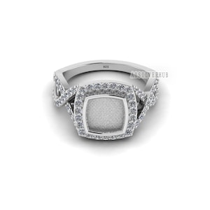 925 Sterling Solid Silver 8mm Cushion Blank Bezel with Surrounded CZ Setted Halo Ring, Good for Resin & Ashes Work, Breastmilk/Keepsake DIY