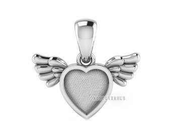 Alas de ángel con ajuste de colgante de bisel en blanco en forma de corazón, plata de ley 925, bueno para trabajos de resina y cenizas, recuerdo/leche materna DIY, medallón