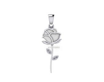 925 Sterling Silver Rose Flower Blank Bezel with CZ Setted Leaf Pendant Setting, Good for Resin & Ashes Work, Breastmilk/Keepsake, DIY Craft