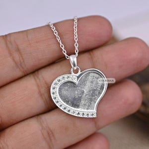 Heart Shape Blank Bezel Pendant with Zircon Setted, 925 Sterling Silver Pendant, Good for Crushed Opal, Resin & Ashes Work, Keepsake Jewelry