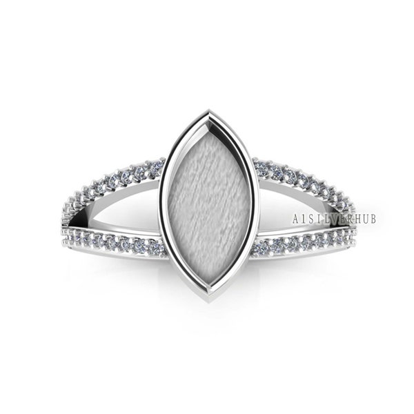 925 Sterling Solid Silver 12x6mm Marquise Blank Bezel with Zircon Setted Ring, Good for Stone, Resin & Ashes, Keepsake/Breastmilk DIY Crafts