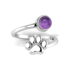 925 Sterling Silber Hund Pfote 6 mm rund lila Amethyst einstellbarer Ring, Tierliebhaber Pfotenabdruck, handgemachter Ring, Tierring, Geschenke für sie
