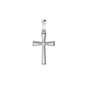 May include: A silver cross pendant with a simple, elegant design. The cross is hollow and has a slightly raised edge.