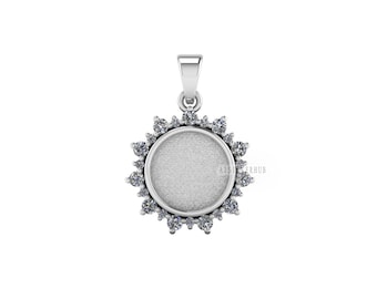 925 Sterling Silver, Circle Shape 10mm Blank Bezel Surrounded CZ Sunflower Pendant Settings, Good for Resin & Ashes Work, Keepsake DIY Craft
