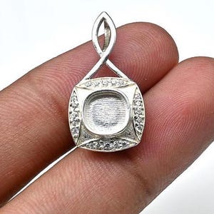 925 Sterling Silver Pendant, Cushion Shape Blank Bezel Pendant Zircon Setted, Good for Resin & Ashes Work, Keepsake Jewelry DIY Crafts