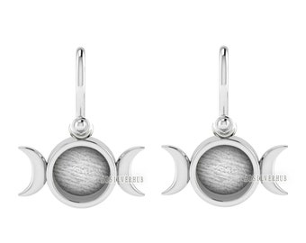 925 Sterling Silver Half Moon Designer Blank Bezel Round 8mm Dangle Earrings, Good for Resin & Ashes Work, Keepsake Memorial, Breastmilk DIY