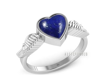 925 Sterling Solid Silver 8x8mm Heart Lapis Lazuli Angel Wings Band Ring, Handmade Ring, Stackable Women Rings, Gifts For Her, Ring For Sale