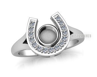 925 Sterling Solid Silver Good Luck Horse Shoe 5mm Round Blank Bezel with CZ Setted Ring, Good for Resin & Ashes Work, Keepsake DIY Crafts