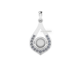 Heart Shape Water Drop Round Blank Bezel Pendant with CZ Setted, 925 Sterling Silver, Good for Resin & Ashes Work,Memorial Jewelry DIY Craft